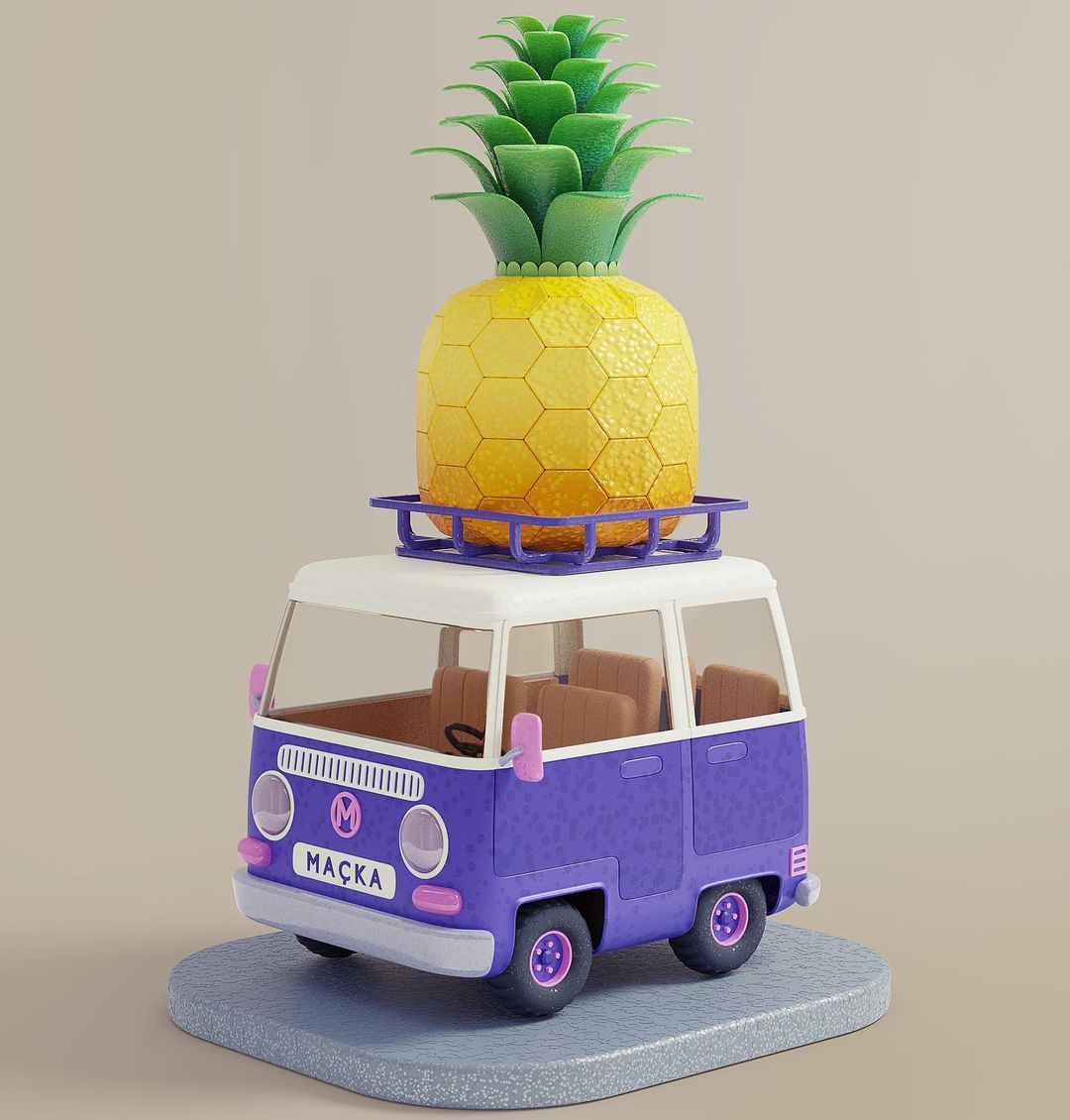 3D cute mini bus with a pineapple on top