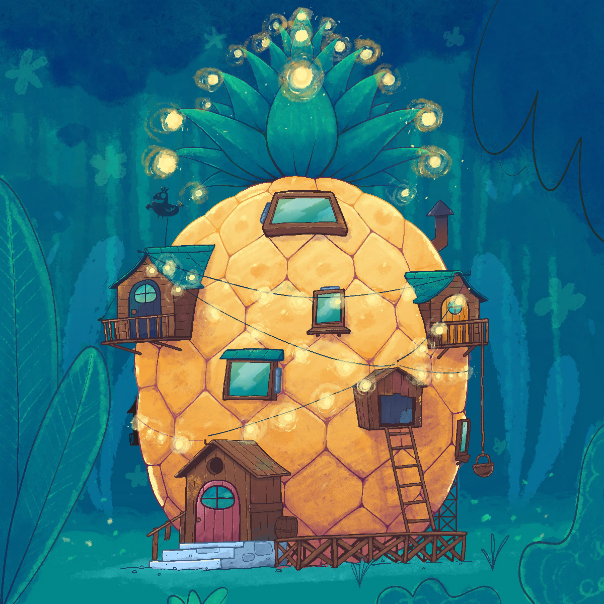 digital painting of a giant hut shaped hut being built by people.