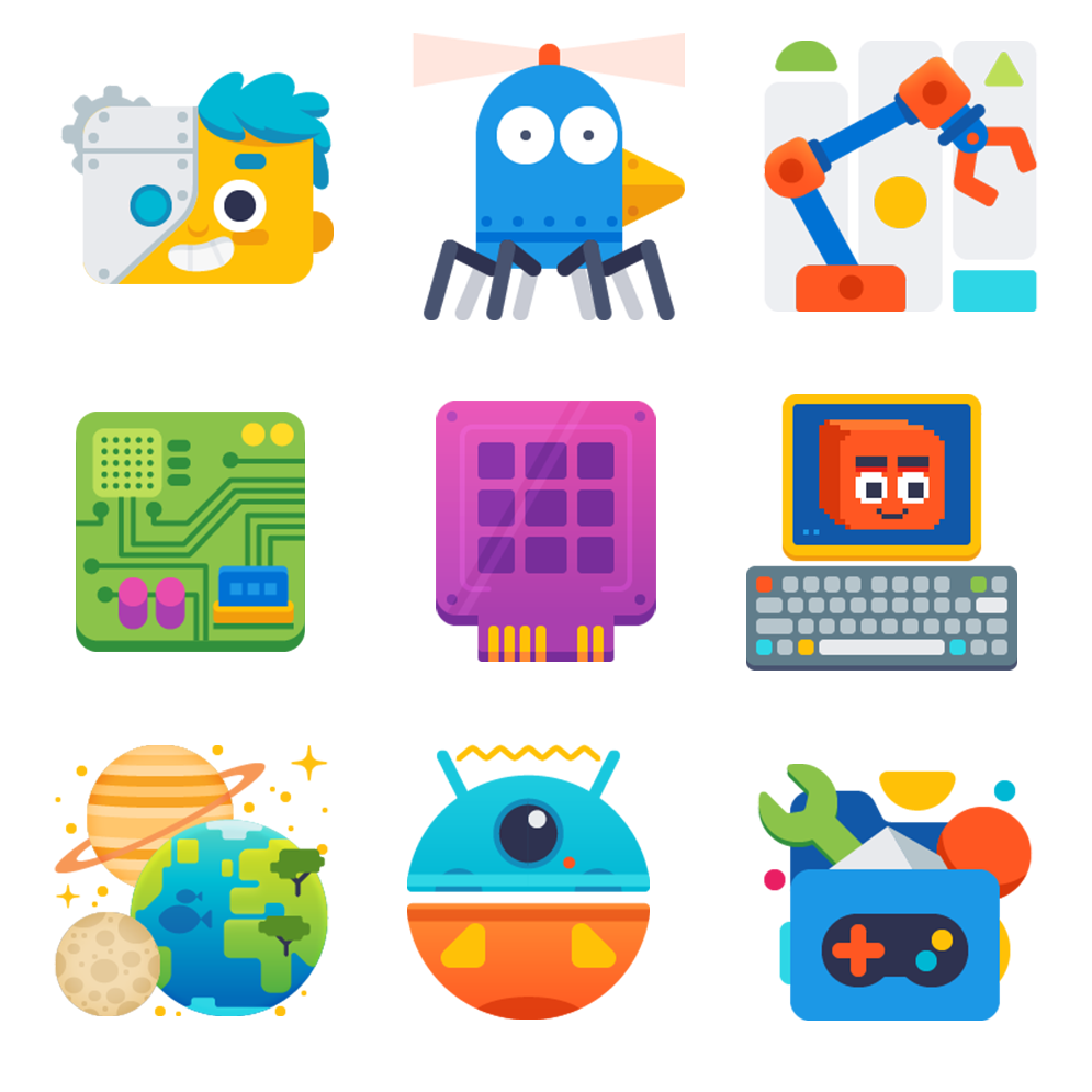 Emojis, icons, and badges for kids. Computer science and robotics