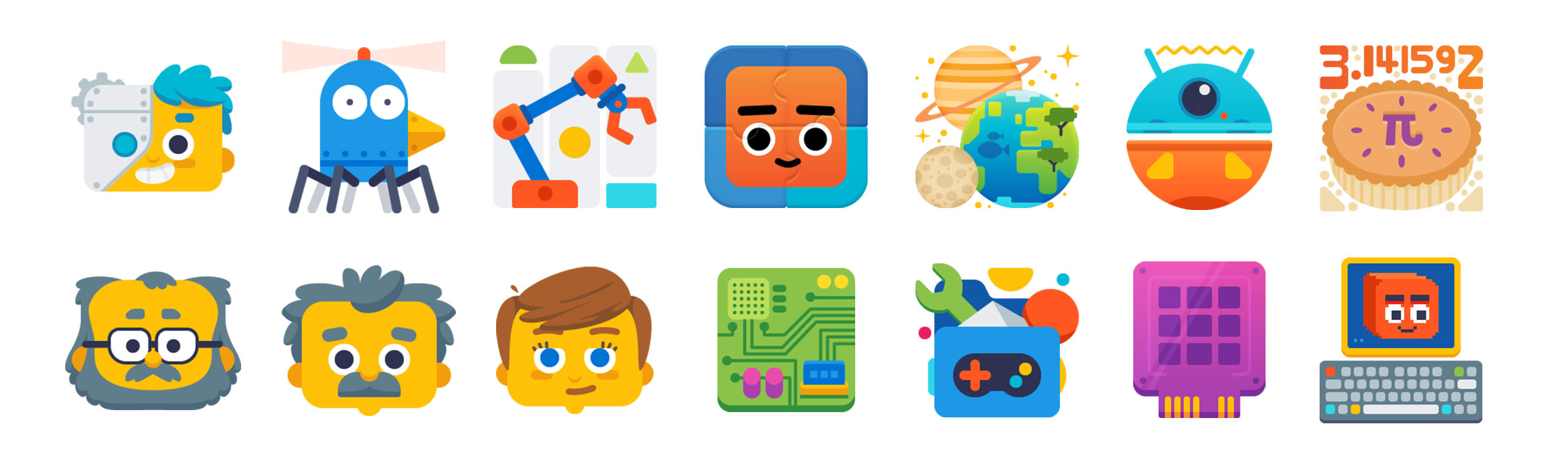 Emojis, icons, and badges for kids. Computer science and robotics