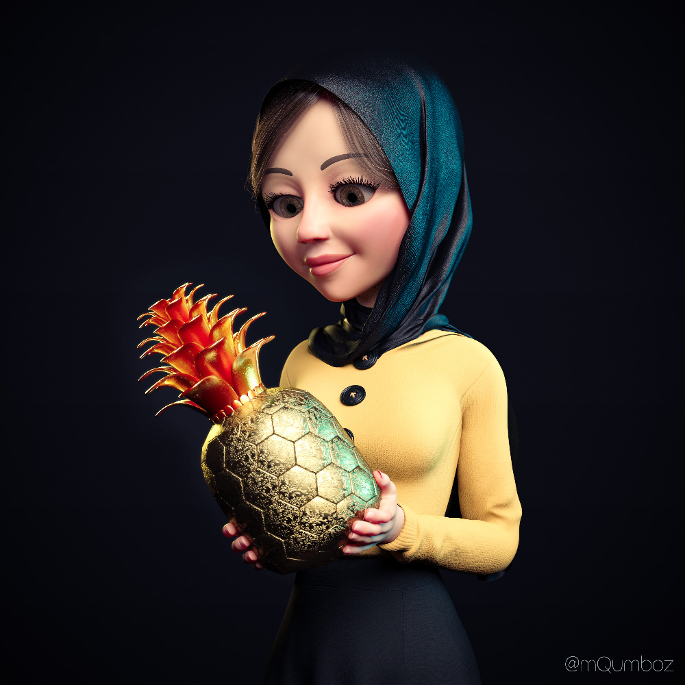 Hana, girl wearing hijab holding a luxurious golden pineapple