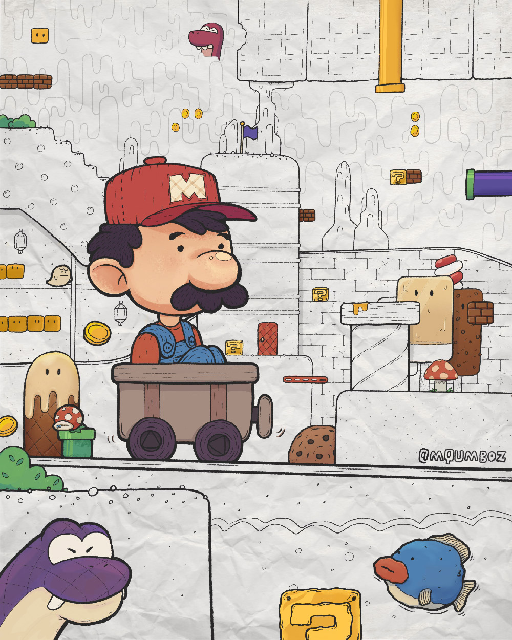 Nintendo's super mario in a cart going in caves.